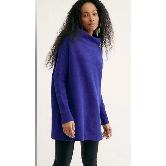 Free People Ottoman Slouchy Ribbed Mock Neck Tunic Length Sweater In Blue Size S - Picture 1 of 6